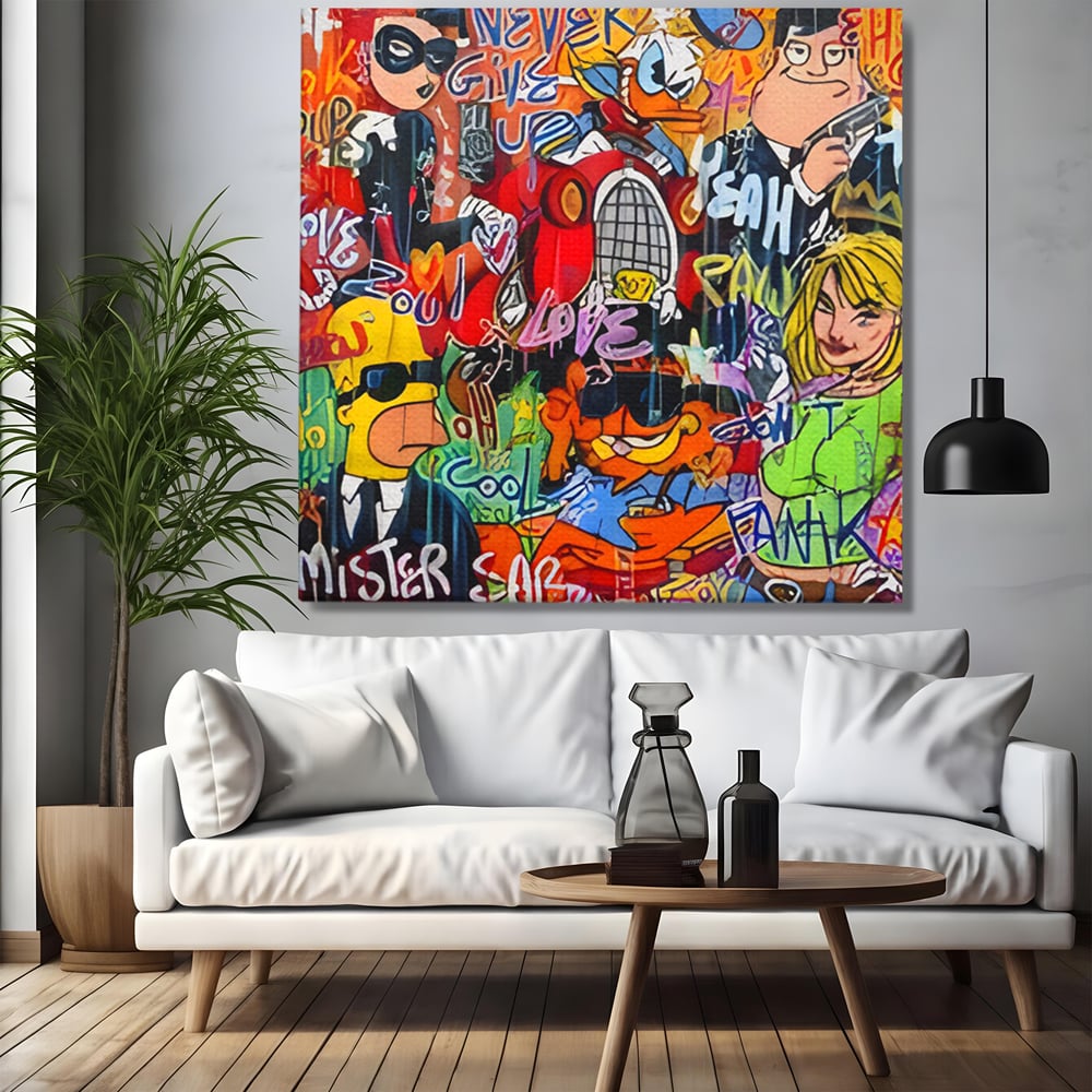 Tablou canvas cu tablou canvas cu personaje din desene animate si graffiti, fara rama, pe sasiu de lemn, pe perete intr-un living